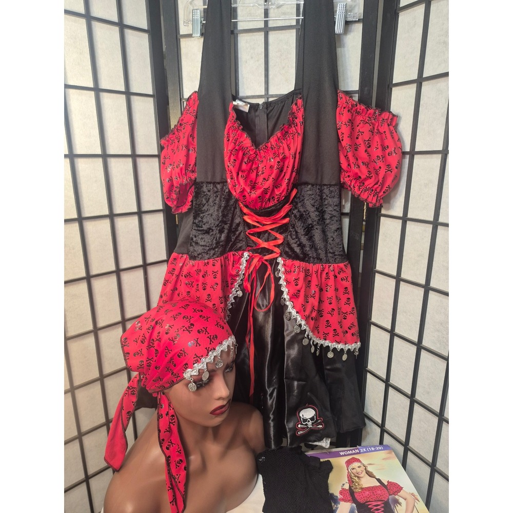 Womens Pirate beauty Dress with Headscarf Red Black Skull Print Plus Size 2X